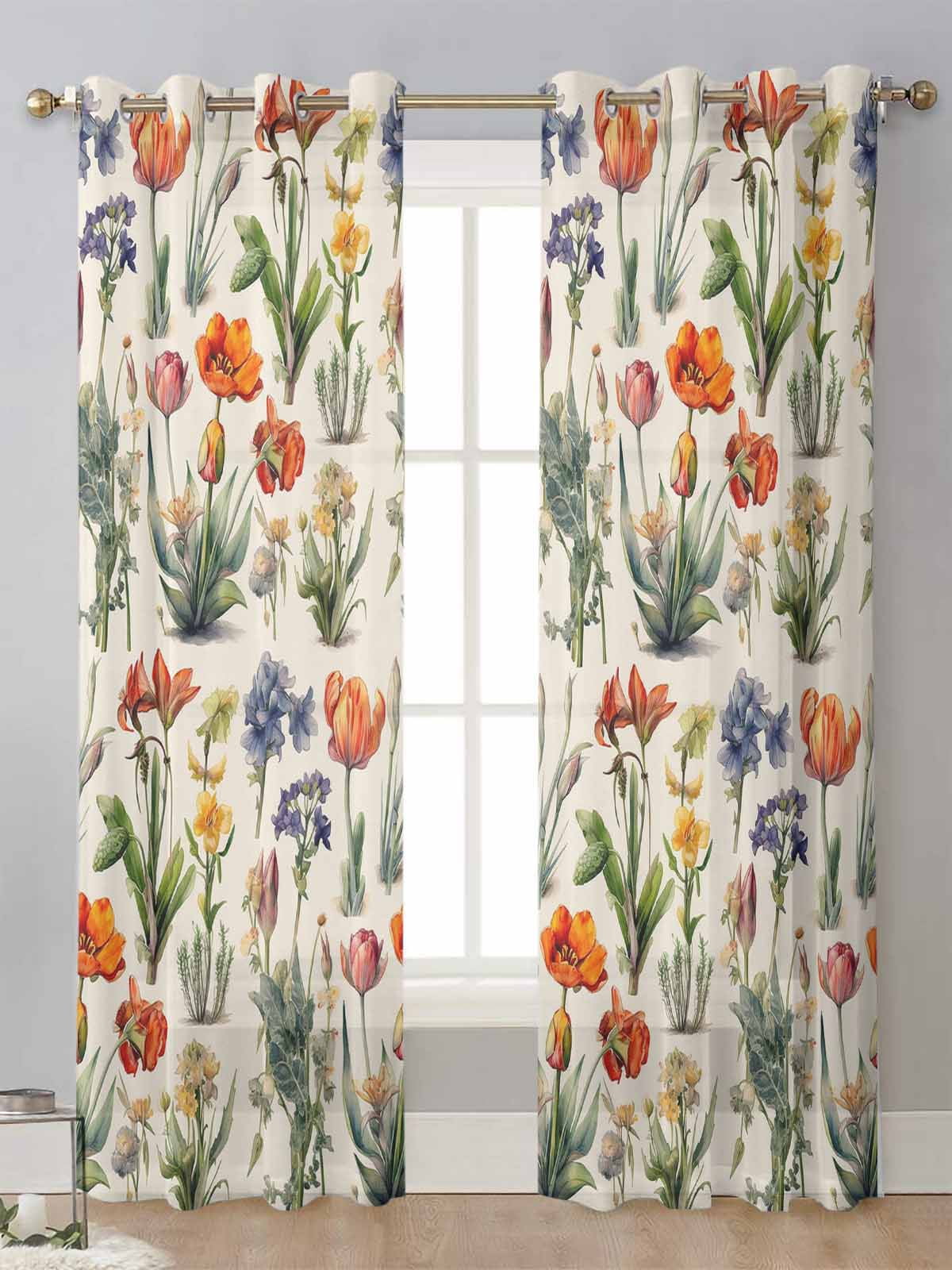Flower Retro Sheer Curtains For Living Room Window Screening
