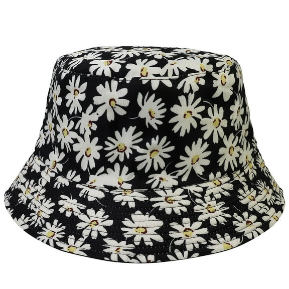 Flower Reversible Bucket Hat For Men Women Summer Travel Beach Outdoor Fishing Hat 100% Cotton - J617-Black