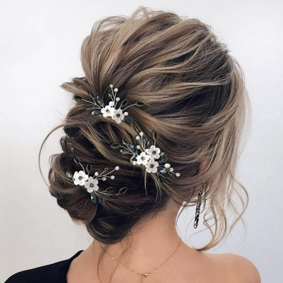 Flower Rhinestone Hair Pins Pearl Bridal Hair Pieces Headwear Blue Beads Wedding Headpiece Hair Dress Crystal Hair Accessories for Brides and Bridesmaids