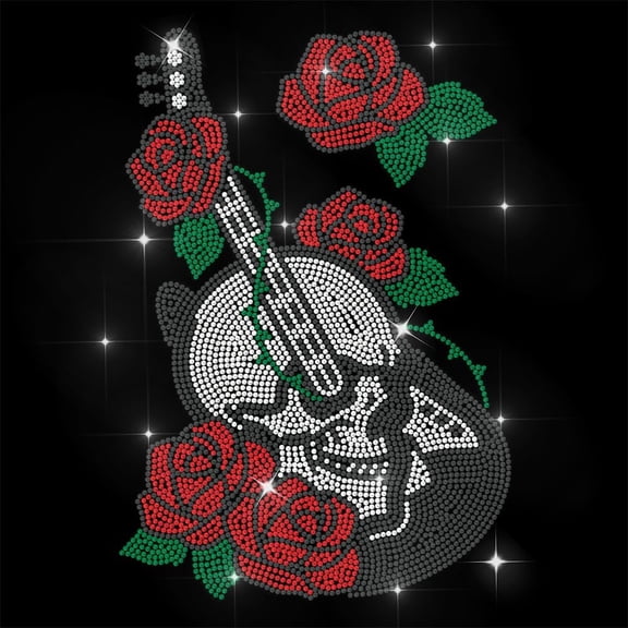 Flower Rhinestone Iron on Transfer Guitar and Rose Bling Diamond Hotfix Patches for Clothes 11.6"x8.2" Large Iron On Sequin Applique for Jeans Jacket Caps Bag T-Shirts Shoes DIY Decor Colorful