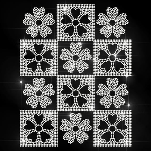Flower Rhinestone Iron on Hotfix Transfer Checkerboard Flowers Heat Transfer Sticker Petal Bling Clothing Decoration Applique