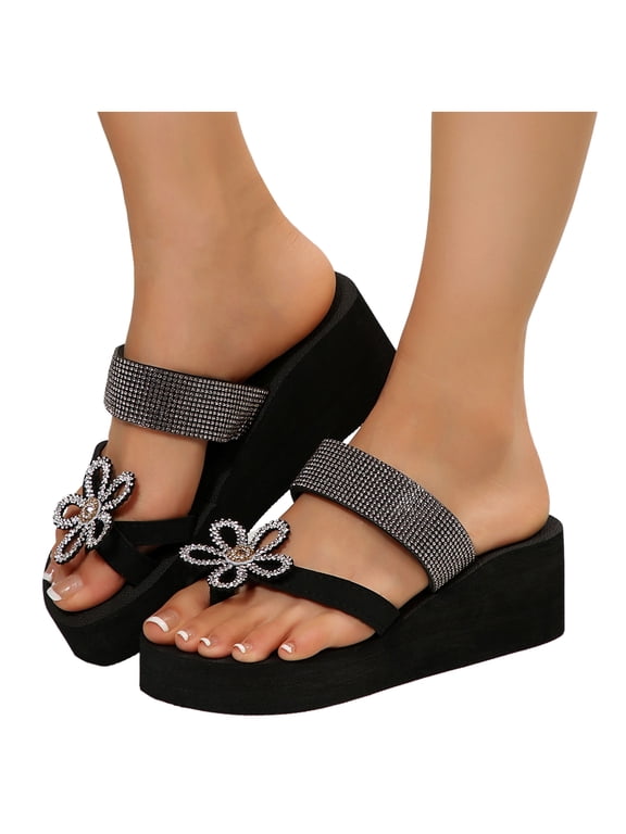 Flower Rhinestones Wedge Sandals for Women Glitter Beach Black Memory Foam Platform Dressy Flip Flop Slides