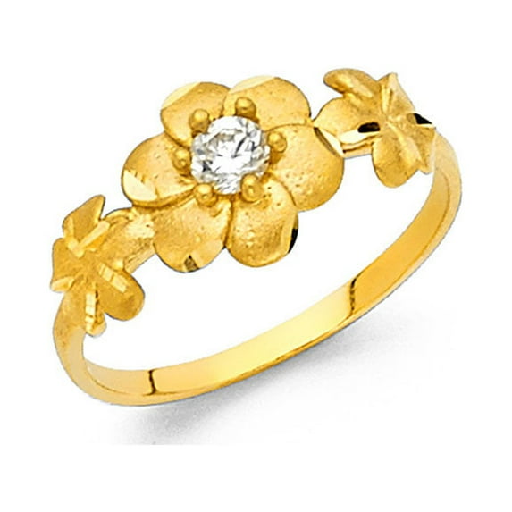 Flower Ring 14k Yellow Gold CZ Three Flowers Band Right Hand Fashion Satin Finish Stylish Size 6