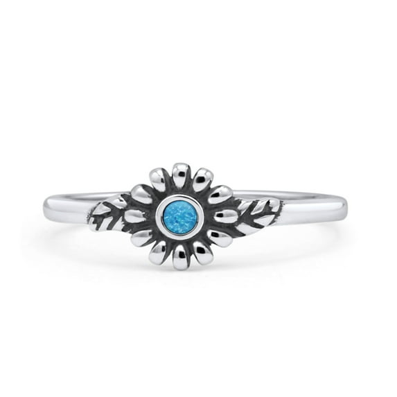 Flower Ring Oxidized Ring Band Lab Created Opal 925 Sterling Silver Size 8