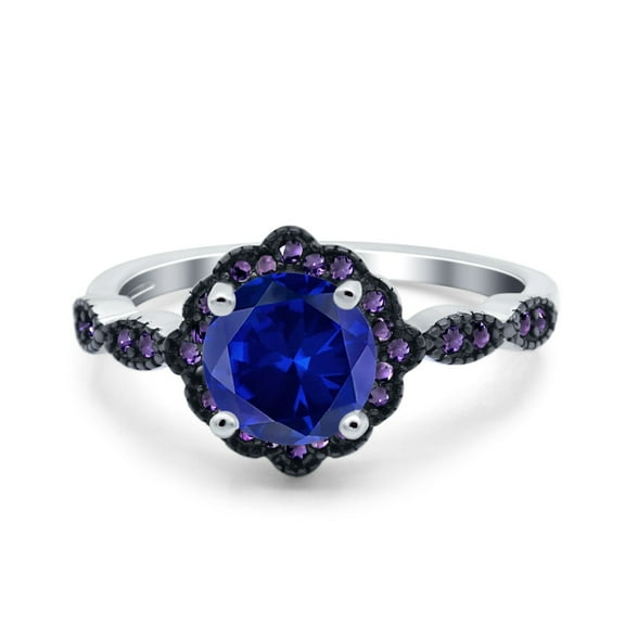 Flower Ring Round Amethyst Simulated Blue Sapphire CZ 925 Sterling Silver Size 9
