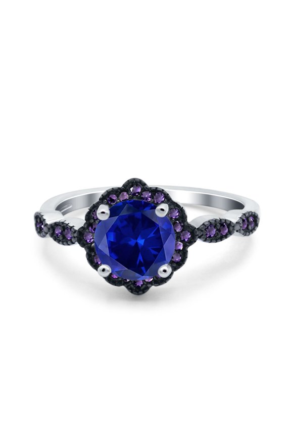 Flower Ring Round Amethyst Simulated Blue Sapphire CZ 925 Sterling Silver Size 9