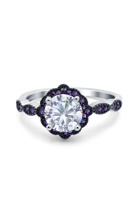 Flower Ring Round Amethyst Simulated Cubic Zirconia 925 Sterling Silver Size 5