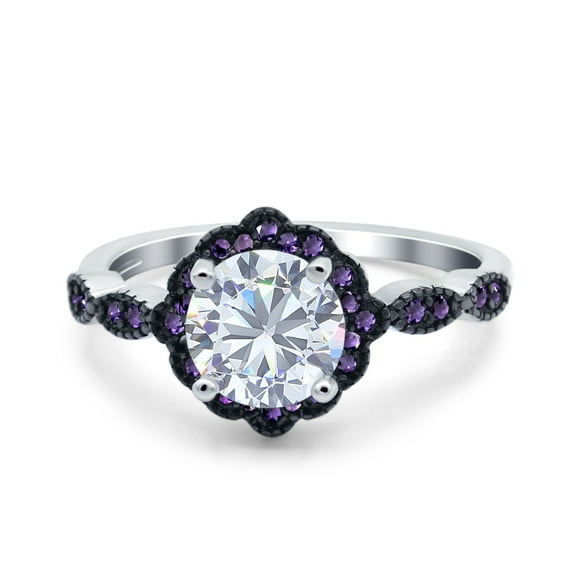 Flower Ring Round Amethyst Simulated Cubic Zirconia 925 Sterling Silver Size 7
