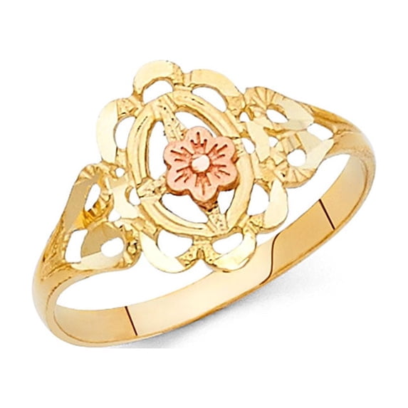 Flower Ring Solid 14k Yellow Rose Gold Filigree Design Band Polished Fancy Two Tone 11MM, Size 5.5