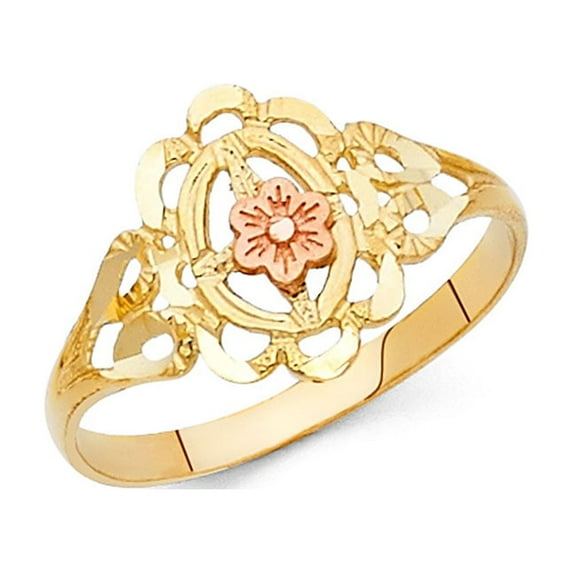 Flower Ring Solid 14k Yellow Rose Gold Filigree Design Band Polished Fancy Two Tone 11MM, Size 6
