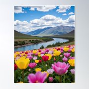 Flower River Valley Cloud Mountain Fantasy Nature Poster Wall Art, Modern Wall Decor, 8x12 UNFRAMED