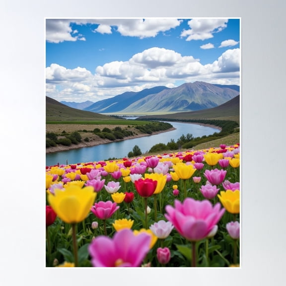 Flower River Valley Cloud Mountain Fantasy Nature Poster Wall Art, Modern Wall Decor, 8x12 UNFRAMED