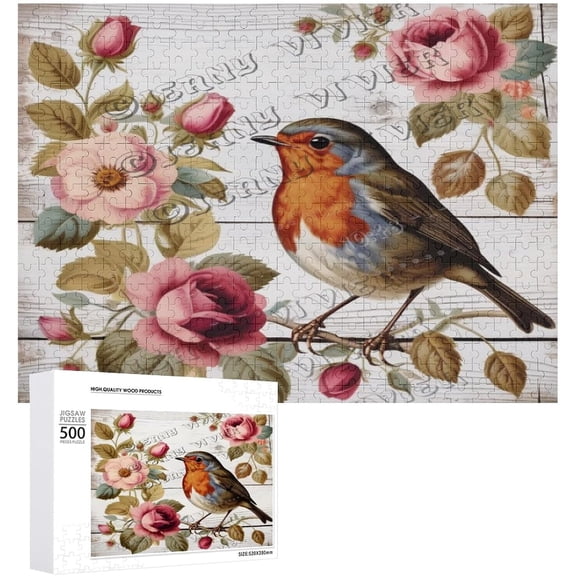 Flower Robin Bird 500 Piece Jigsaw Puzzle for Adults,500 pc Large Piece Jigsaw,Fun Challenging Brain Exercise Family Game Creative Gift for Friends Parents Grandparents