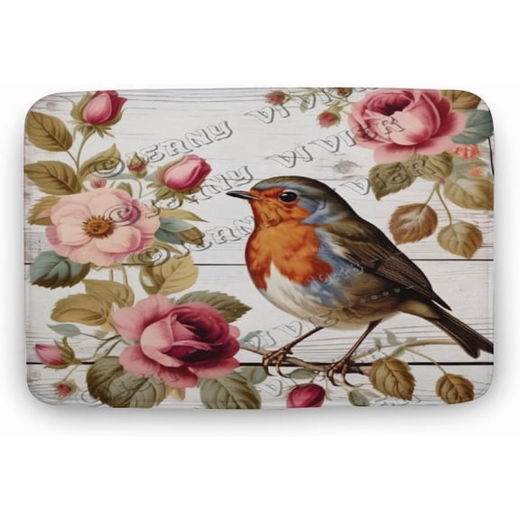 Flower Robin Bird Pattern Bath Mat,Plush Bathroom Decor Mat with Non Slip Backing,Bath Rugs for Bathroom, Great for Bath, Shower, Bedroom, Kitchen, Office or Door Mats 20"x32"
