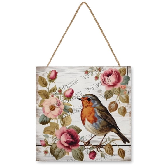 Flower Robin Bird Square Wood Art Wall Hanging Signs for Bedroom Living Room Kitchen Bathroom Home Office Decor, Gift for Women Men Friends Family, Housewarming Gift 12"x12"