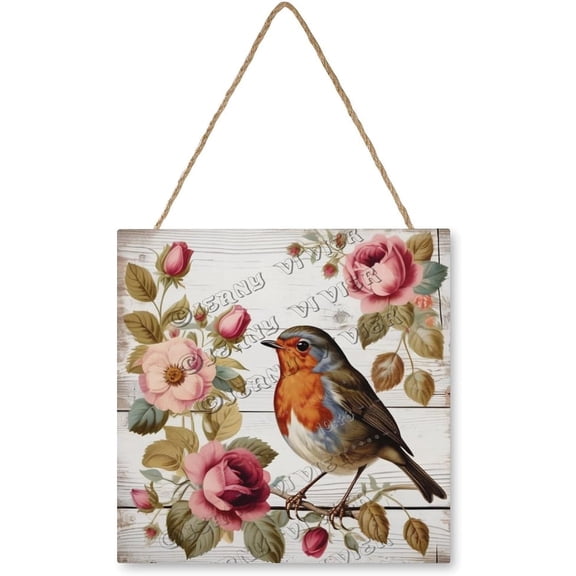 Flower Robin Bird Square Wood Art Wall Hanging Signs for Bedroom Living Room Kitchen Bathroom Home Office Decor, Gift for Women Men Friends Family, Housewarming Gift 12"x12"