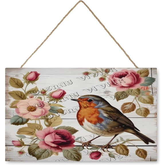 Flower Robin Bird Wood Art Wall Hanging Signs Decorative Wood Plaque New Home Wall Decor Sign, Gift for Women Men Friends Family, Housewarming Gift 10"x16"