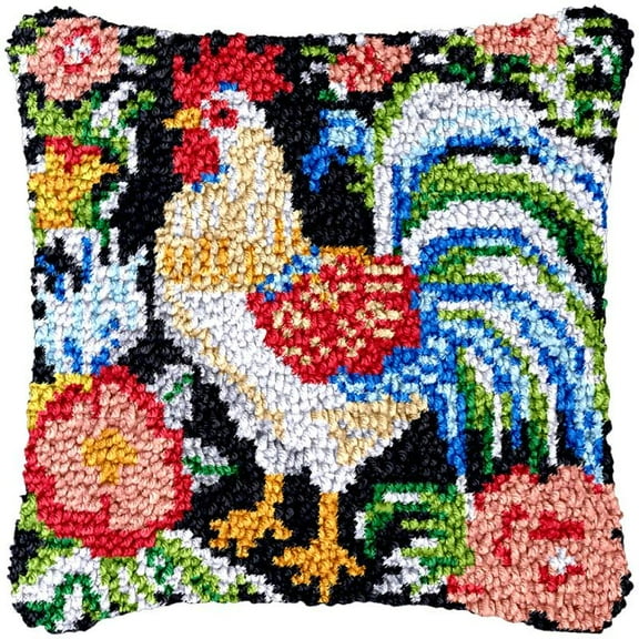 Flower Rooster Latch Hook Kits Pillow DIY Rug Cushion Making Kits with preprinted Pattern Canvas Instruction Yarns and Latch Hooking Pillow Cover Easy to Start DIY Home Decor Kits 43x43cm