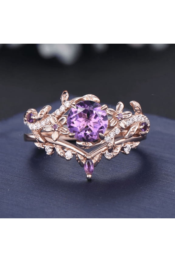 Flower Round Cut Amethyst Ring Set - Nature Inspired Leaf Vine Amethyst Bridal Set - February Birthstone Ring - Ring For Women
