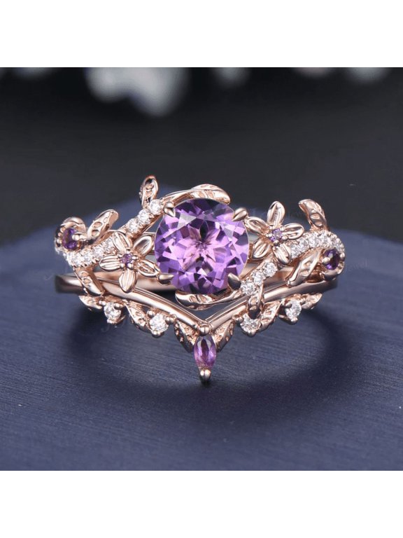 Flower Round Cut Amethyst Ring Set - Nature Inspired Leaf Vine Amethyst Bridal Set - February Birthstone Ring - Ring For Women