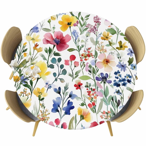 Flower Round Tablecloth 36-44 Inch Round Fitted Table Cloth with Elastic Edge, Floral Leaf Botanical Plant Spring Summer Retro Waterproof Table Cover Protector for Outdoor Picnic Party Dining