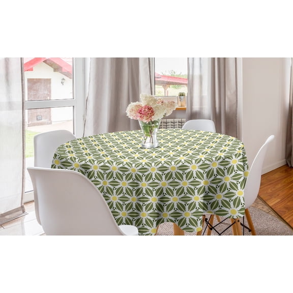 Flower Round Tablecloth, Blossoming Petals Pattern Ornamental Arrangement of Geometric Shapes, Circle Table Cloth Cover for Dining Room Kitchen Decor, 60", Olive Green Yellow White, by Ambesonne