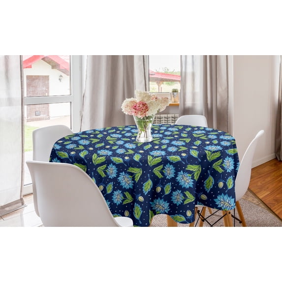 Flower Round Tablecloth, Floral Burgeoning in Vibrant Colors, Circle Table Cloth Cover for Dining Room Kitchen Decor, 60", Night Blue Lime Green, by Ambesonne
