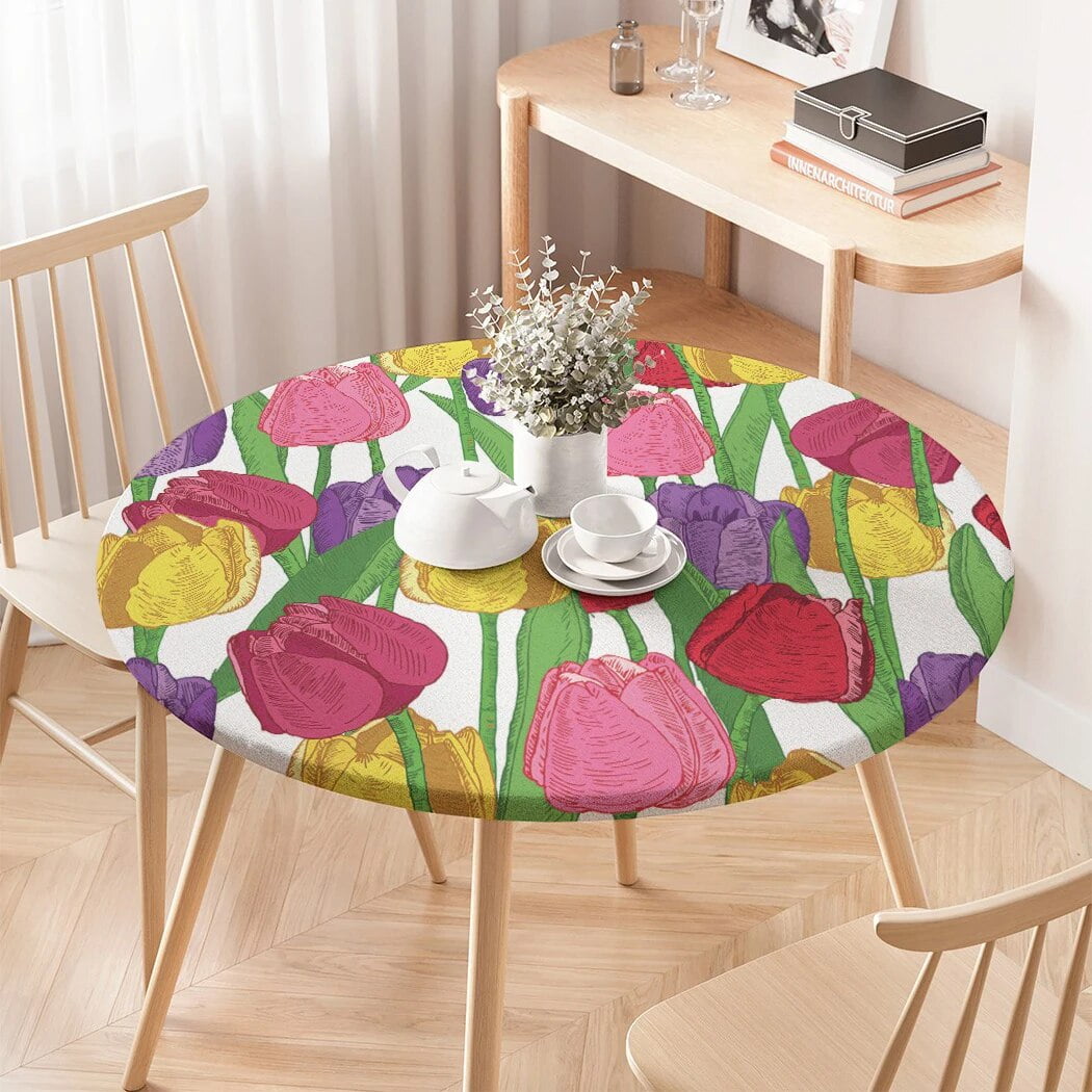 Flower Round Tableclothes for Dining Table Floral Pattern Fitted Table