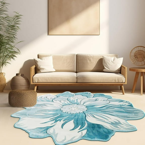 Flower Rug 2ft Round Area Rugs Cute Plush Flower Shaped Rug Circle Girly for Bedroom Floor Living Room Carpet 305 Blue