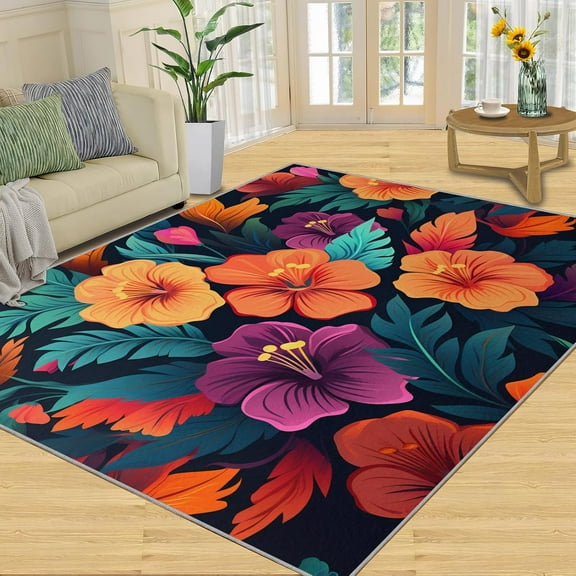 Flower Rug - 2x3ft, Watercolor Spring Floral Area Rug, Orange Purple and Green Rug, Washable Non-Slip Carpet, Accent Rugs for Bedroom Living Room, Floral Botanical Home Decor