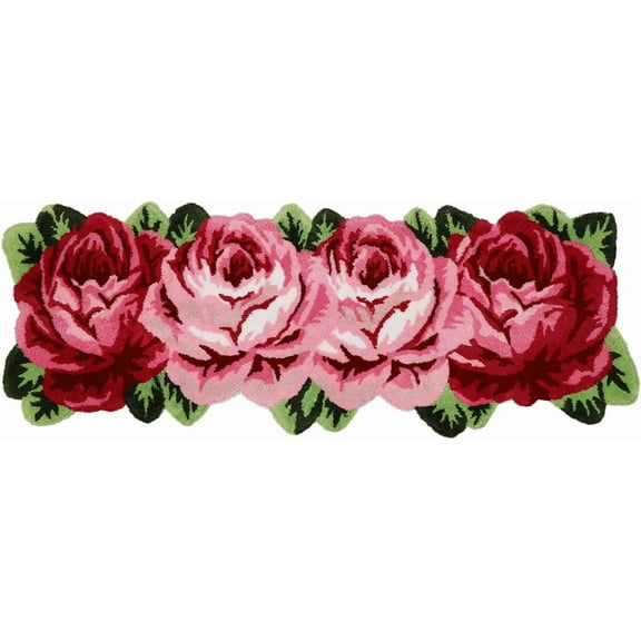Flower Rug Mat, 4 Roses Rug Floor Runner Handmade Rug Floral Mats Non-Slip Modern Carpet Washable Floor Mats for Bedroom/Sofa/Bathroom (Pink)