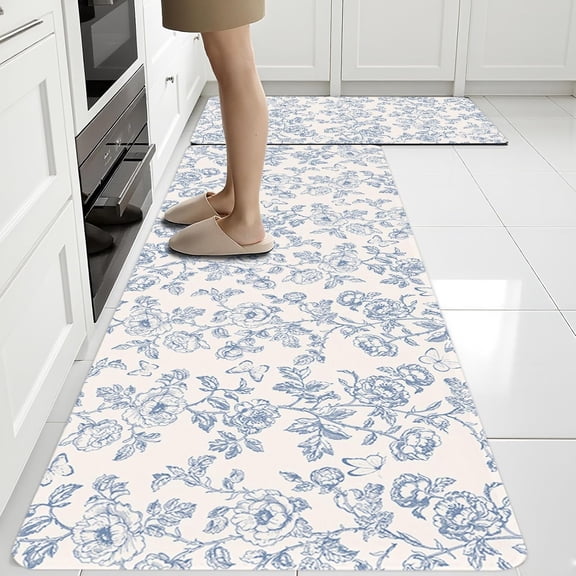 Flower Rugs for Kitchen Floor, 2PCS Anti Fatigue Mats for Kitchen Floor Rubber Non Slip, Washable Cushioned Carpet Rug for Sink Laundry Gifts for Christmas 17"×30" +17"×47" 3.5mm BlueFloral