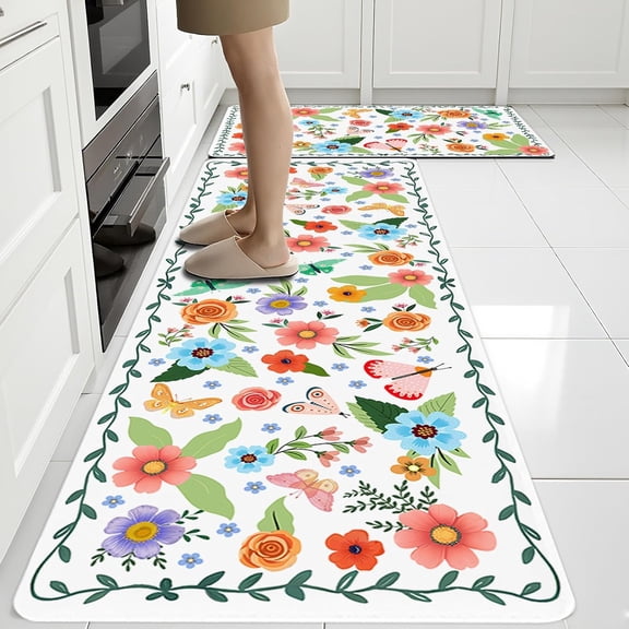 Flower Rugs for Kitchen Floor, 2PCS Anti Fatigue Mats for Kitchen Floor Rubber Non Slip, Washable Cushioned Carpet Rug for Sink Laundry Gifts for Christmas 17"×30" +17"×47" 3.5mm Colorful