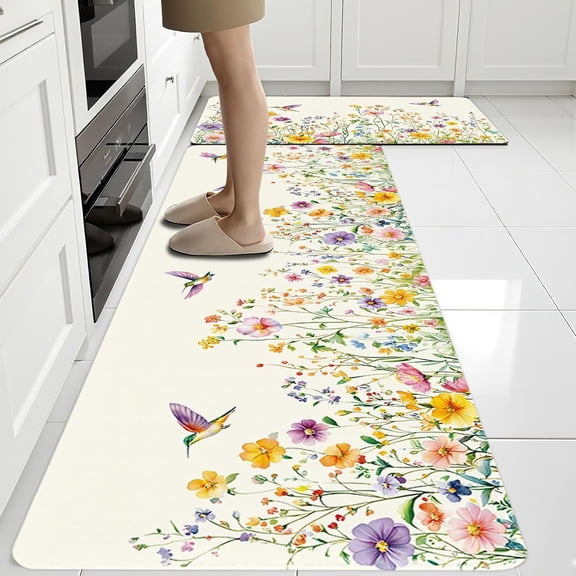 Flower Rugs for Kitchen Floor, ButterflyFloral Anti Fatigue Mats for Kitchen Floor Non Slip, 2PCS Rubber Kitchen Mat, Washable Cushioned Runner Carpet Rug for Sink Laundry 17"×30" +17"×47"