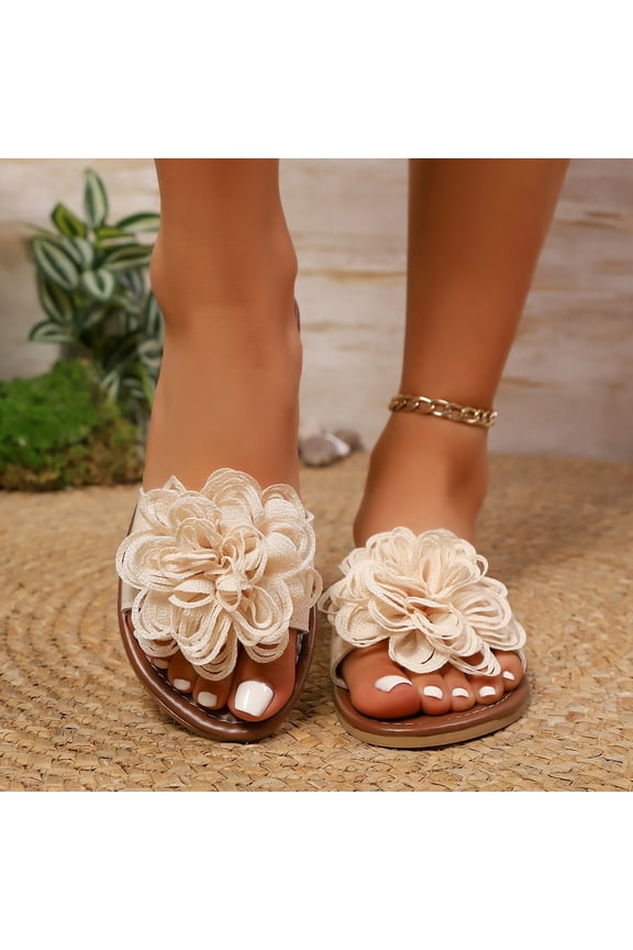 Flower Sandals for Women, Flat Toe Post Slides with Elastic Band, Cute & Comfortable for Garden, Park, Shopping, and Summer Wardrobe Beige 41