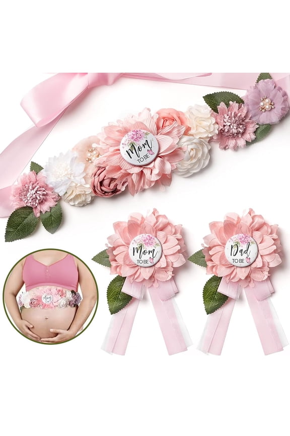 Flower Sash Set, Mom to Be and Daddy to Be Corsage Pins, Floral Belt for Maternity Dresses, Pregnancy Photo Props Supplies