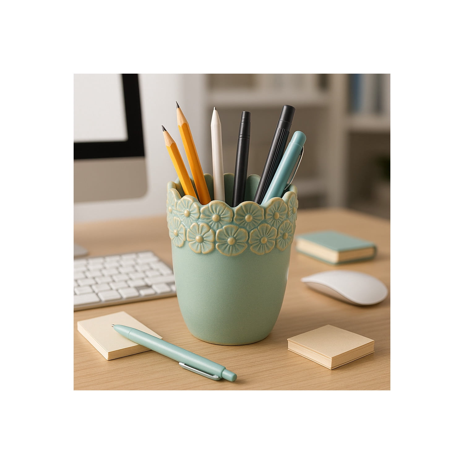 Flower and Scallop Border Ceramic Desk Organizer - Cute Desktop and Office Storage Organizer for Workspace Decor - Functional Small Desk Holder for Office Accessory and Home Decor - 4", Green