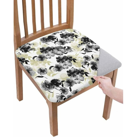 Flower Seat Cover for Dining Room Chairs, Stretch Seat Covers Set of 4, Washable Chair Seat Covers Removable Kitchen Chair Slipcovers Protector, Spring Watercolor Yellow Black Flower