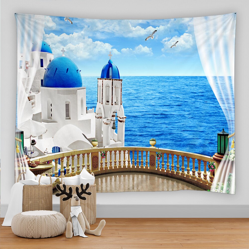 Flower Seaview Landscape Tapestry Wall Hanging Mediterranean Sea Beach