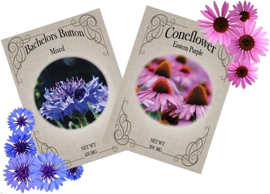 Flower Seed Variety Packs – Multiple Sets & Quantities | Zinnias, Marigolds, Sunflowers & More! | 30–200 Seed Packets | Easy Grow Garden & Pollinator Flowers (Bachelor Button & Coneflower, 50)