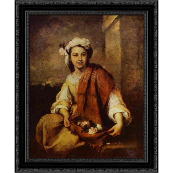 Flower Seller 20x20 Black Ornate Wood Framed Canvas Art by Murillo, Bartolome