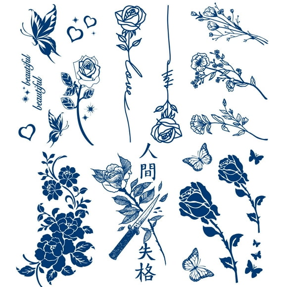 Flower Semi Permanent Tattoos, 6-Sheet Fake Rose Temporary Stickers