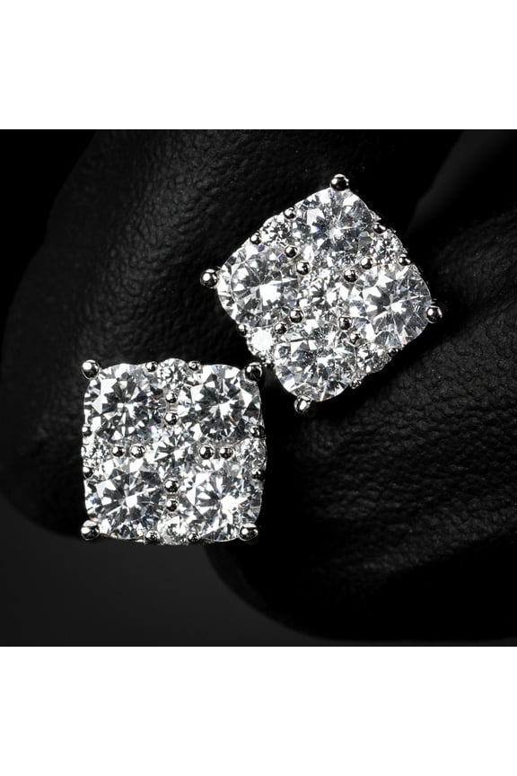 Flower Set Iced Cluster Earrings for Men Women White Gold 925 Sterling Silver Stud Earrings Hypoallergenic, 5A CZ Stone 3D Honey Comb Unisex Square Shape Hip Hop Earrings