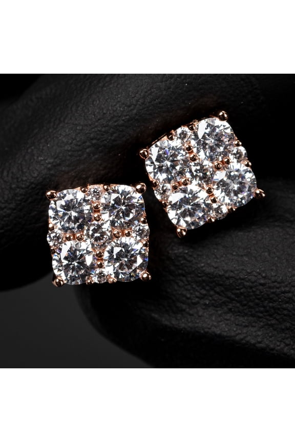 Flower Set Square Shape Hip Hop Iced Cluster Earrings for Men Women Pink Rose Gold 925 Sterling Silver Stud Earrings 5A CZ Stone 3D Honey Comb Unisex Earrings