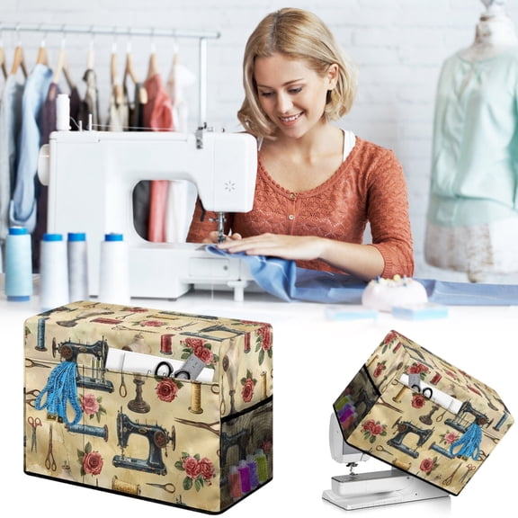 Flower Sewing Machine Cover, QQZ Waterproof Dustproof Protective Storage Bag, Floral Print Decorative Fabric Case for Home Craft Room