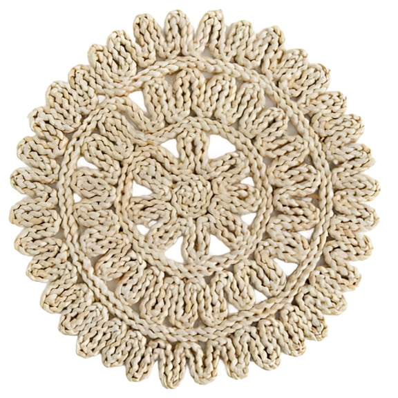 Flower Shape Round Woven Placemat 15 x 15 x 0.6 in, Handmade Straw Braided Dining Mat, Natural Corn Husk Boho Table Decor, Rustic Kitchen Trivet or Wall Hanging