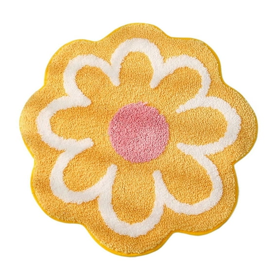 Flower Shaped Bath Rug, Non-Slip Water Absorbent Bathroom Mat, Cute Machine Washable Bathroom Rug, Small Round Floral Soft and Fluffy Bath Mat, Yellow