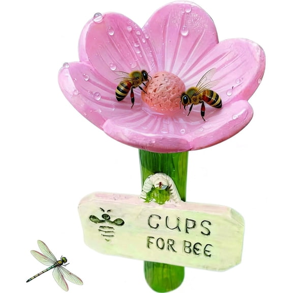 Flower Shaped Bee Watering Station, Handmade Resin Bee Feeder Cup with Hanging Sign, Outdoor Butterfly Feeder for Garden, Insect Drinking Dish for Bee Waterer(Pink)