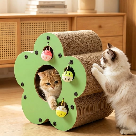 Flower-Shaped Cat Scratcher House, Multi-Level Corrugated Cardboard Cat Scratching Post with Bell Toys, Interactive Cat Cave for Indoor Cats to Scratch, Hide and Play