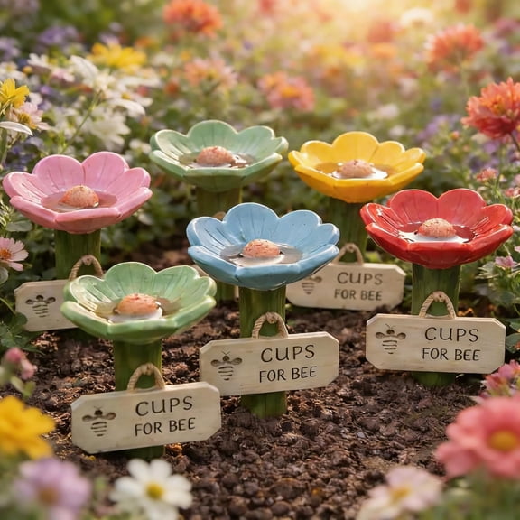 Flower-Shaped Ceramic Bee Watering Station, Bath for Bees, Colorful Butterfly Hydration Spots with Flower Design, Bee Cups for Garden Yard, Lawn, Patio, Balcony (5pcs)